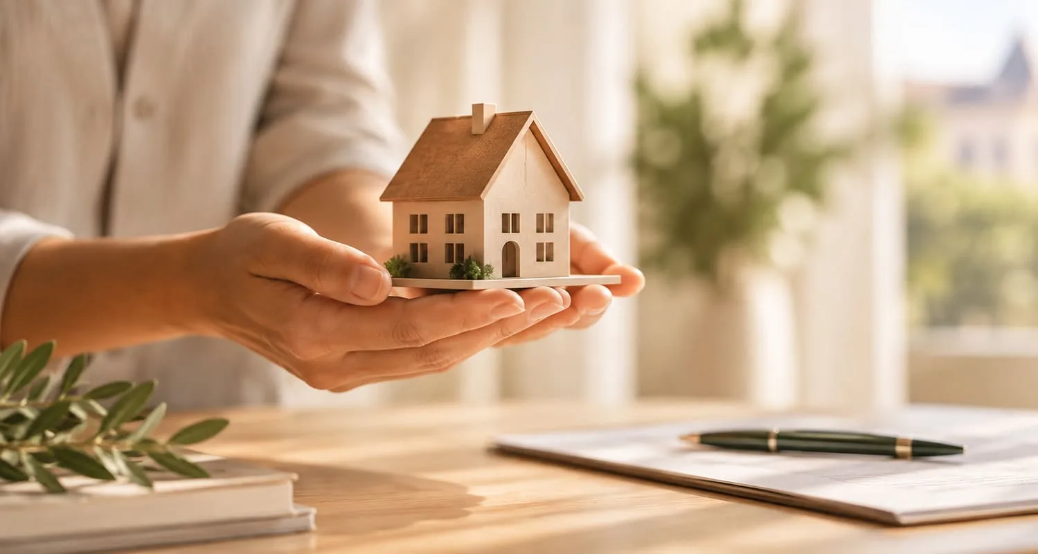 Manos sosteniendo una vivienda en el proceso de venta