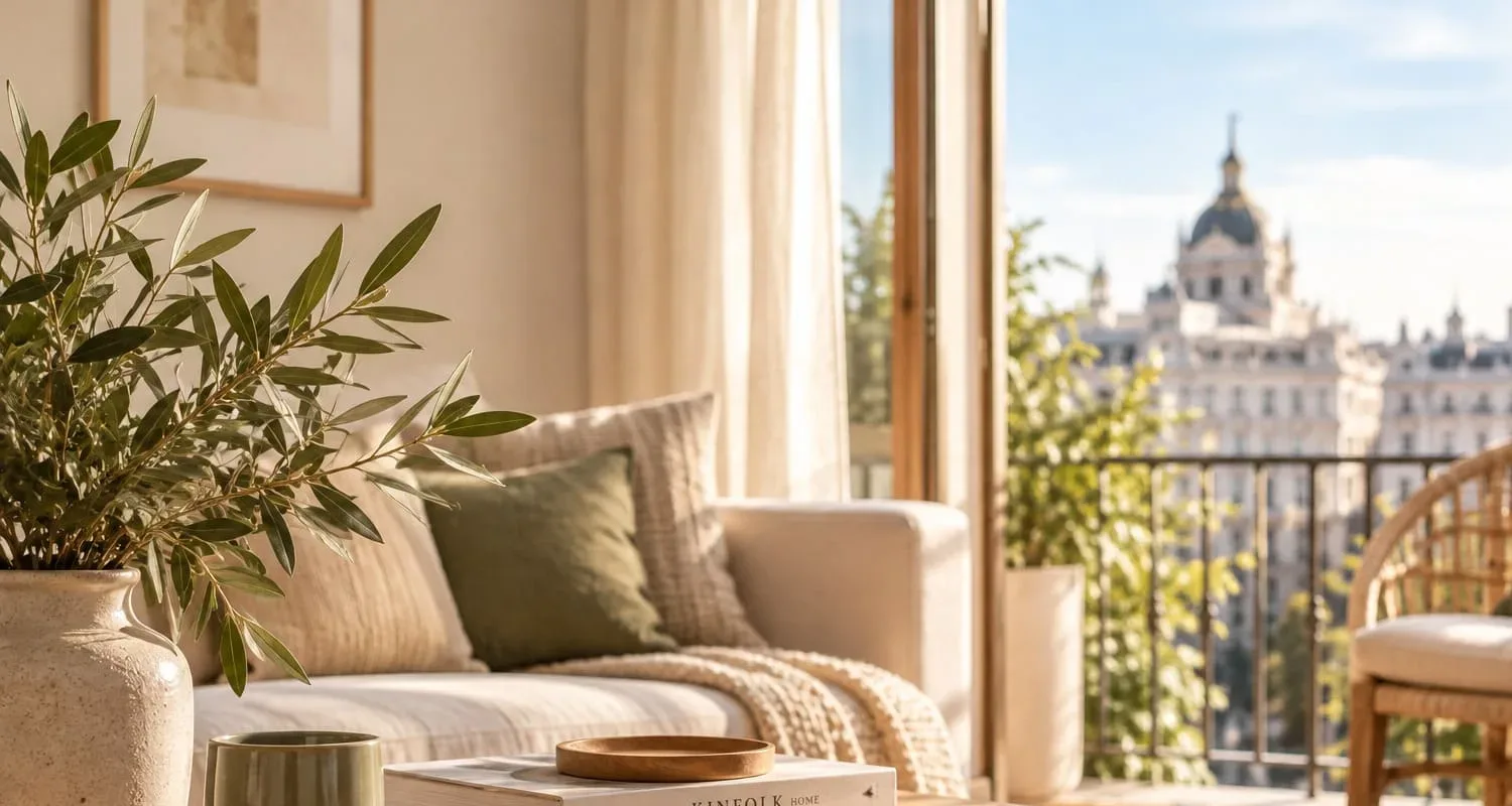 Llaves de una vivienda junto a una pequeña casa de madera sobre una mesa, con un salón luminoso y vistas de Madrid al fondo.
