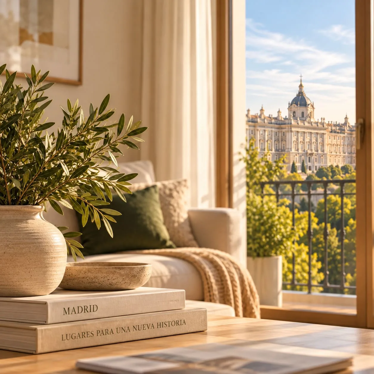 Salón acogedor con decoración en tonos cálidos, plantas y vistas al Palacio Real de Madrid desde la ventana.
